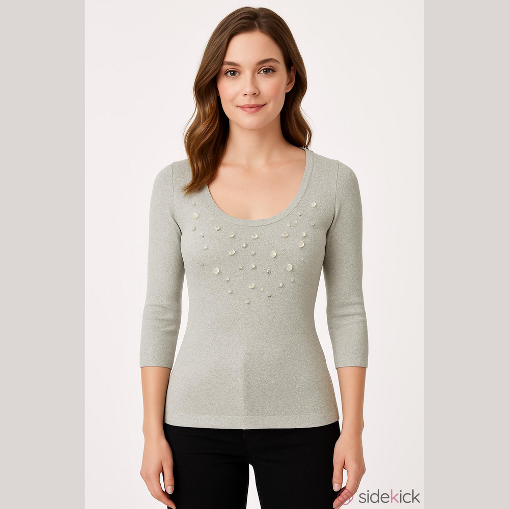 August Silk Gem Accented 3/4 Sleeve Metallic Silver Top